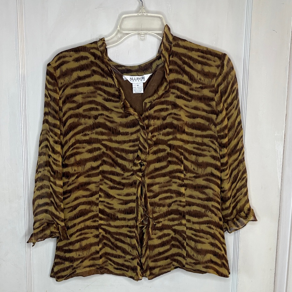 Vintage Allison Taylor Tan and Brown Zebra Print 100% Silk Blouse Medium